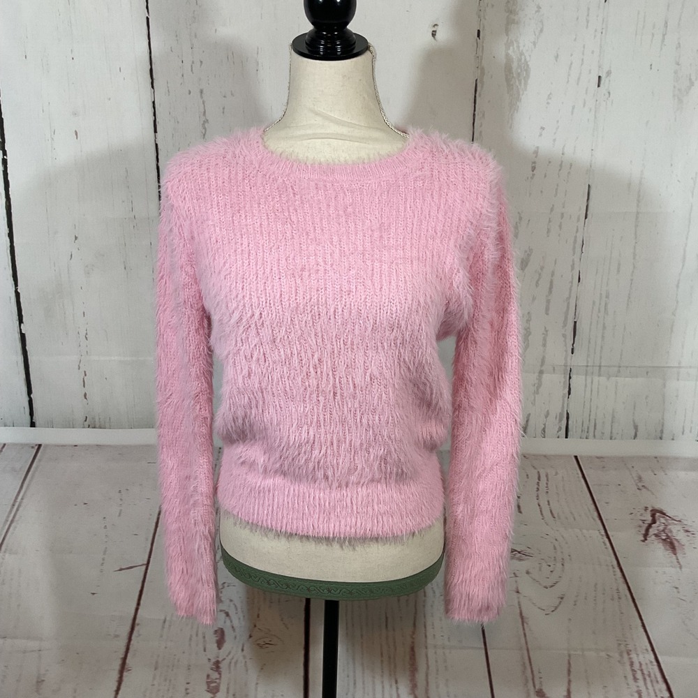 Zara Fuzzy Knit Crew Neck Sweater Women L Barbie Pink‎ Slim Fit Feminine Pastel